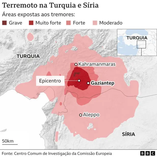 Mapa dos terremotos na Turquia e Síria