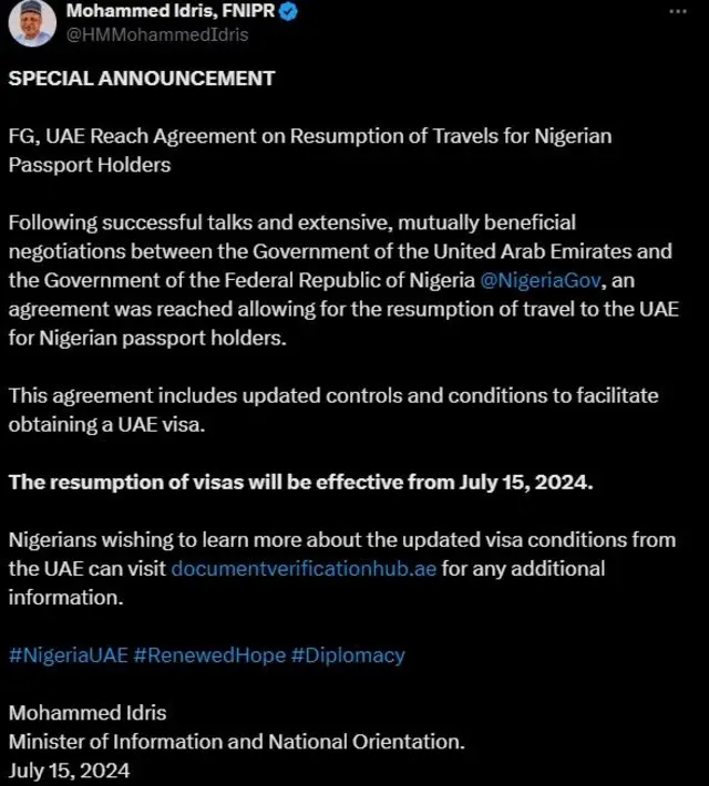 Screen grab from Nigeria Minister of Information on UAE visa