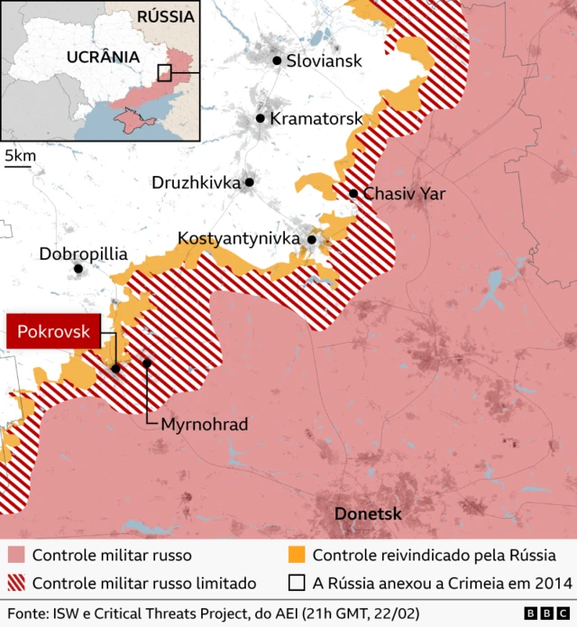 Mapa mostra onde há controle militar russo, controle militar russo limitado e controle reivindicado pela Rússia nas proximidades de Donetsk