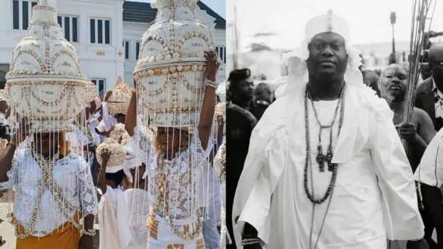 Awọn omidan meji ru igba funfun lori, Ooni Ile Ife, Ọba Enitan Ogunwusi, naa wọ aṣọ ala funfun gbo pẹlu fila funfun