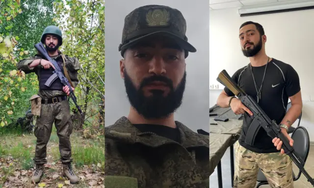Коллаж из трех фотографий, на которых Нихад Ганиев позирует перед камерой в военной форме с автоматом Калашникова в руках