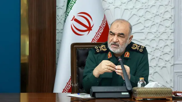 Commander-in-chief of the Islamic Revolutionary Guard Corps, Hossein Salami meets with Iranian President Masoud Pezeshkian in the Iranian capital Tehran on June 2, 2025