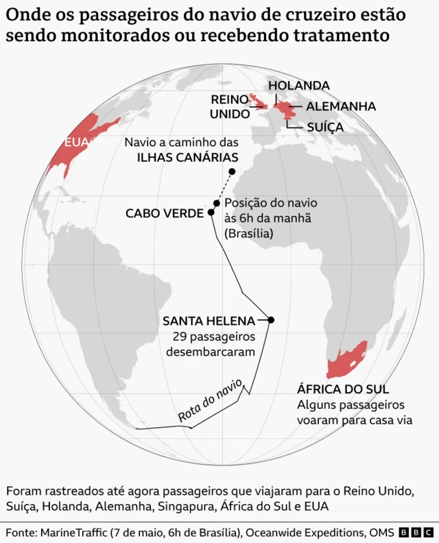 Mapa mostrando a rota e a posição atual do navio onde ocorreu o surto de hantavírus