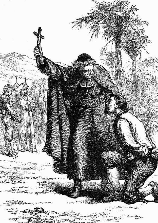 Ilustração de William ajoelhado em frente a um padre antes de ser executado