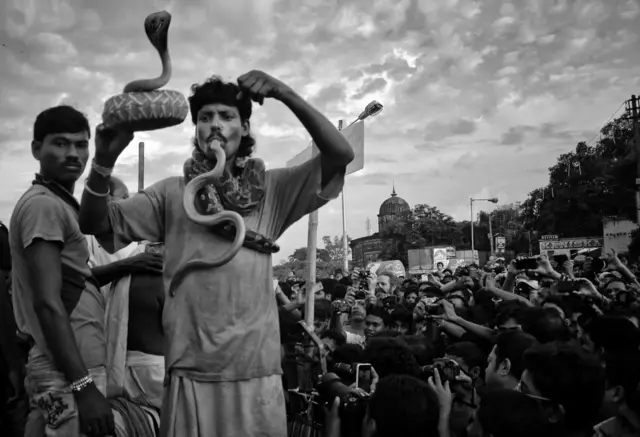 Seorang pria sedang menggigit ular dan memegang wadah ular.