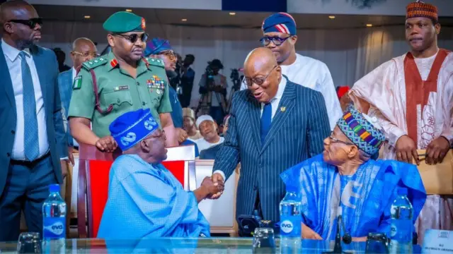 Former Ghana president Nana Akuf--Addo, Nigeria President Bola Tinubu and General Ibrahim Babangida for di book launch