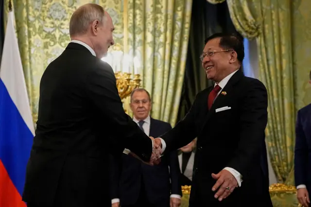 FILE PHOTO: Russia's President Vladimir Putin welcomes Myanmar's military chief Senior General Min Aung Hlaing during their meeting in Moscow, Russia, March 4, 2025. Pavel Bednyakov/Pool via REUTERS/File Photo