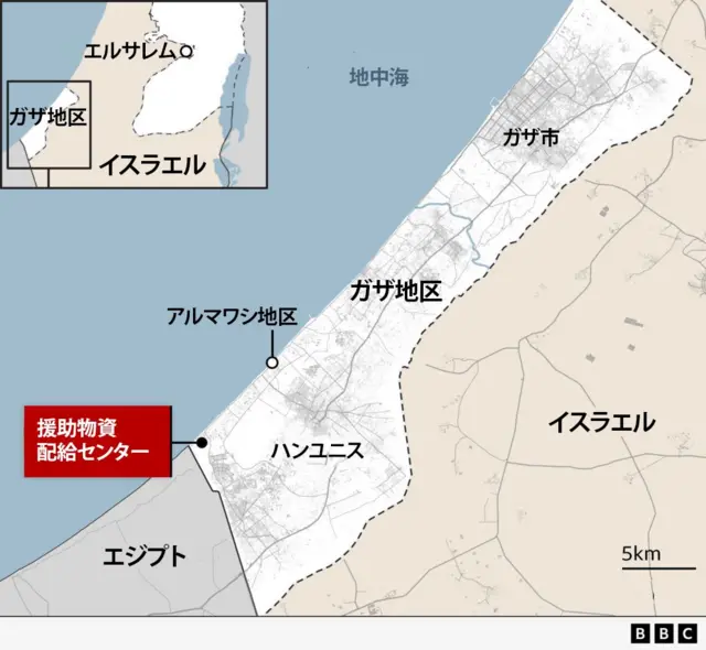 ガザ地区の地図。1日に攻撃があったとされる南部の援助物資配給センターとアルマワシ地区は数キロ離れている