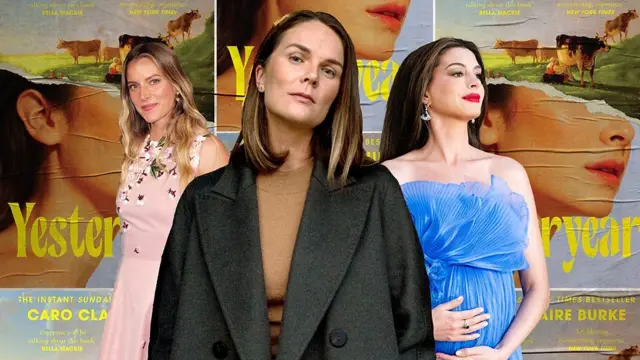 Montagem com imagens da influenciadora Hannah Neeleman, da escritora Caro Clair Burke e da atriz Anne Hathaway, em frente a um cartaz com a capa da edição inglesa do livro 'Bons Tempos: Yesteryear'
