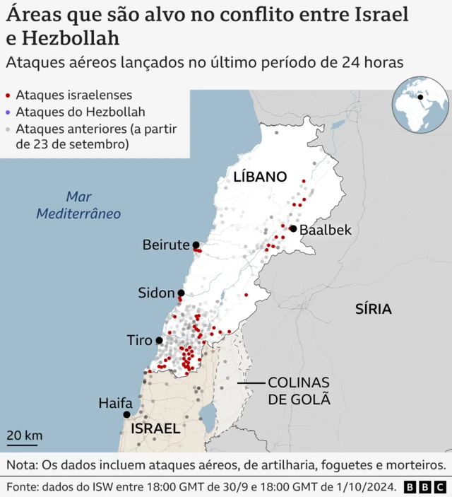 Mapa mostrando ataques aéreos lançados contra o Líbano e Israel entre 30copa esporte da sortesetembro e 1°copa esporte da sorteoutubro.