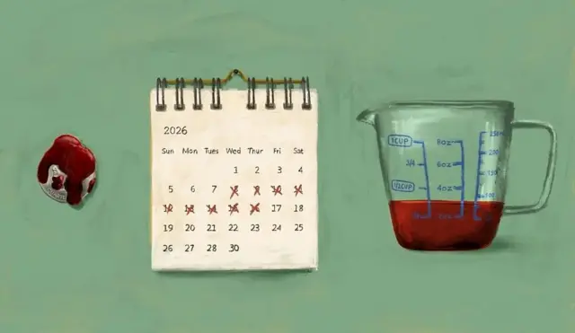 Cette illustration présente un calendrier de suivi du cycle menstruel où plusieurs jours consécutifs sont marqués d'une croix, accompagné d'un récipient gradué rempli d'un liquide rouge ; il s'agit d'une représentation visuelle souvent utilisée pour évoquer des règles abondantes, ou ménorragies.