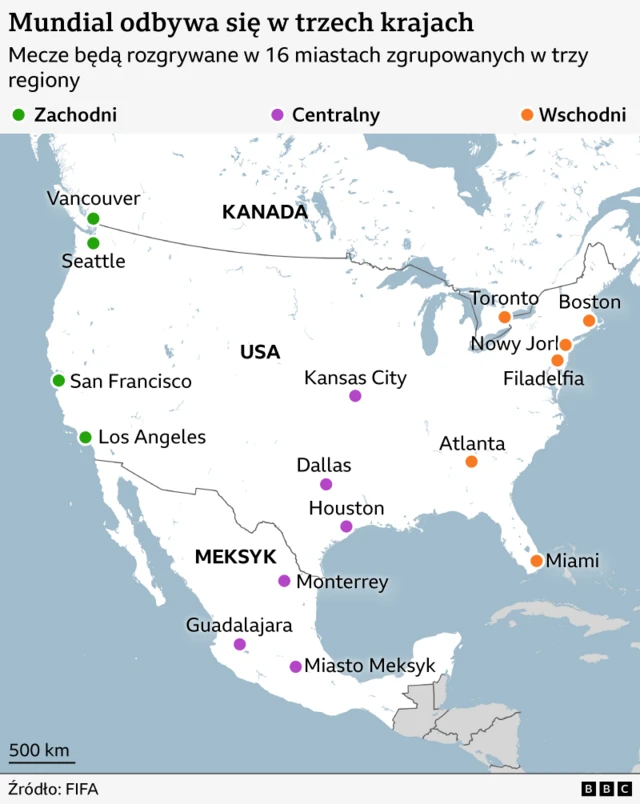 Na mapie zaznaczono 16 miast, w których odbędą się Mistrzostwa Świata w 2026 roku. Znajdują się w trzech krajach: Kanadzie, USA i Meksyku. Każde przypisano do jednego z trzech regionów zaznaczonych na różne kolory: Region zachodni (zielony): Vancouver, Seattle, San Francisco, Los Angeles
Region centralny (fioletowy): Kansas City, Dallas, Houston, Monterrey, Guadalajara, miasto Meksyk
Region wschodni (pomarańczowy): Toronto, Boston, Nowy Jork, Filadelfia, Atlanta, Miami