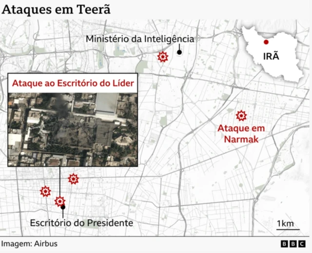 Infográfico mostrando locais dos ataques no Irã