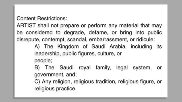 रियाद में कॉमेडियन्स पर कार्यक्रम के दौरान कथित तौर पर इस तरह के प्रतिबंध थे