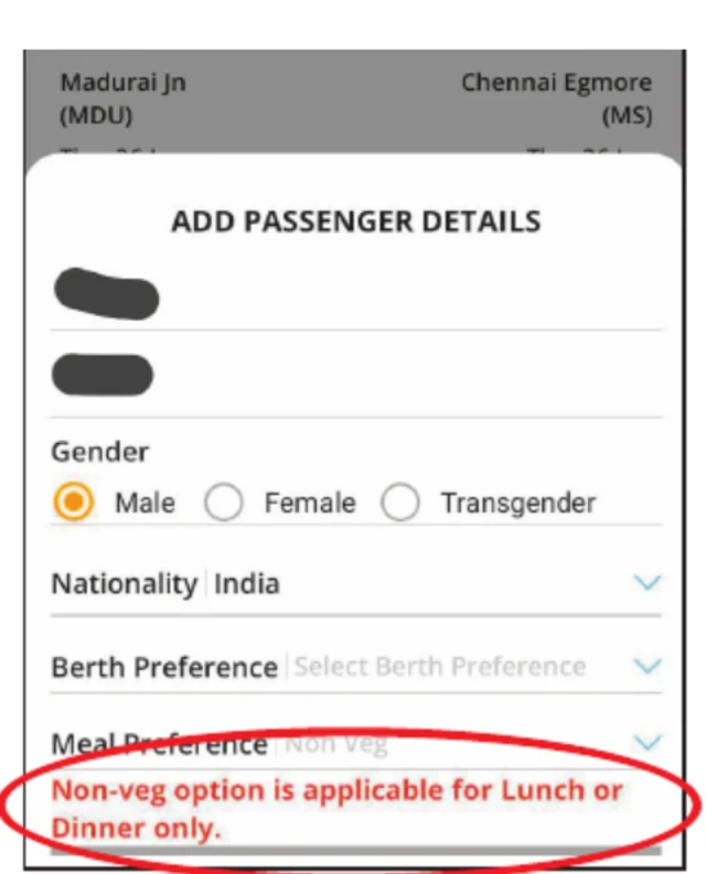 வந்தே பாரத், சைவ உணவுகள்,