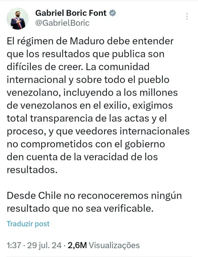 Postagem do presidente do Chile