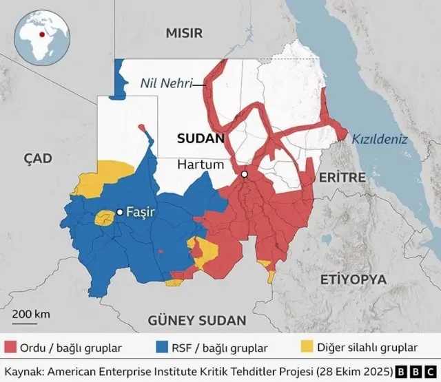 Sudan'da kimin nereyi kontrol ettiğini gösteren harita.