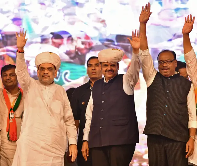 नांदेड़ की रैली में केंद्रीय गृह मंत्री अमित शाह, देवेंद्र फडणवीस और अन्य नेता.