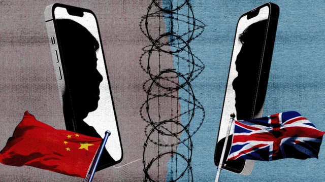 Çin ve Birleşik Krallık bayrakları, iki cep telefonu arada dikenli teller