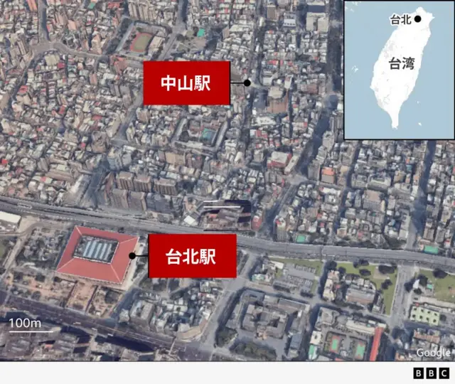 台湾の北部にある台北の位置と、台北市内の台北駅と中山駅の位置を示した地図