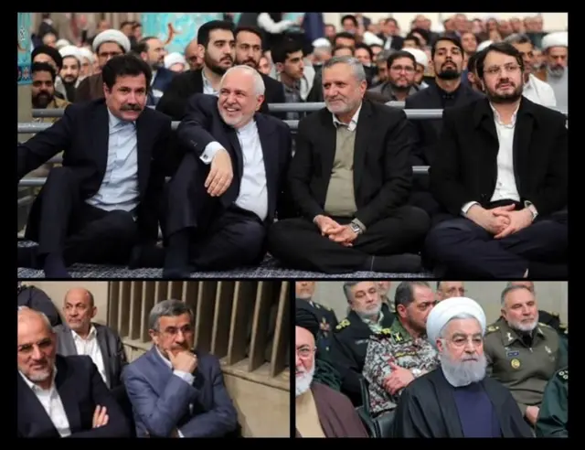 محمد جواد ظریف، حسن روحانی و محمود احمدینژاد در دیدار با آقای خامنهای