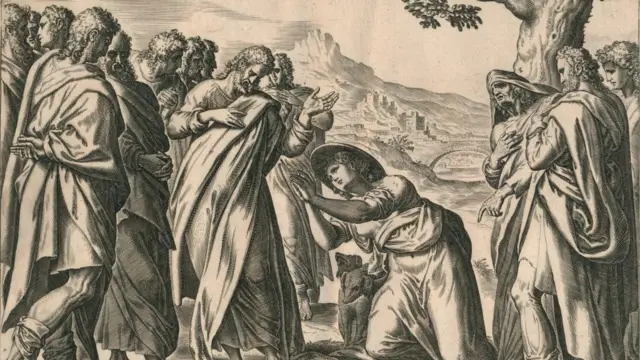 16th century drawing showing Jesus Christ exorcising a woman