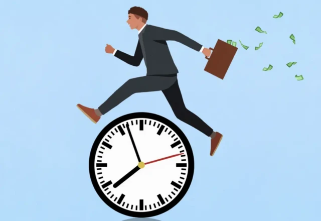 Grafika przedstawia mężczyznę w garniturze przeskakującego nad toczącą się tarczą zegara. Mężczyzna trzyma aktówkę, z której wysypują się zielone banknoty. Tło jest jasnoniebieskie. 