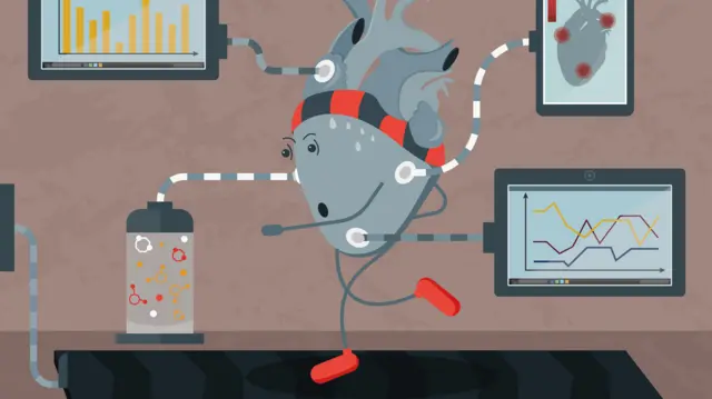Ilustracja przedstawiająca serce biegnące na bieżni, podłączone do monitorów śledzących różne parametry.