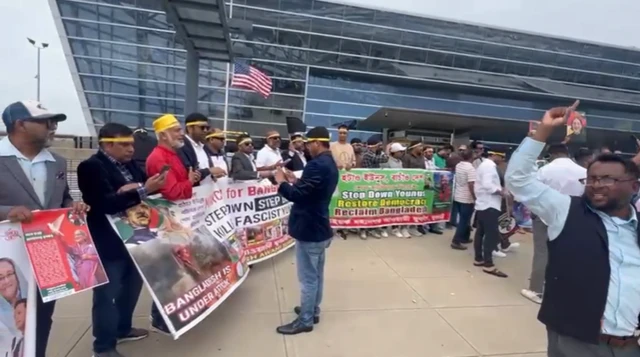 Awami League workers and supporters protest outside JFK Airport in New York