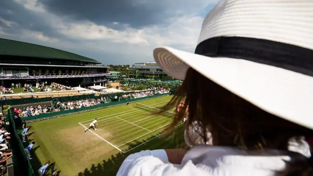 Espectador em Wimbledon, de costas e olhando para o jogo em andamento, usando chapéu panamá
