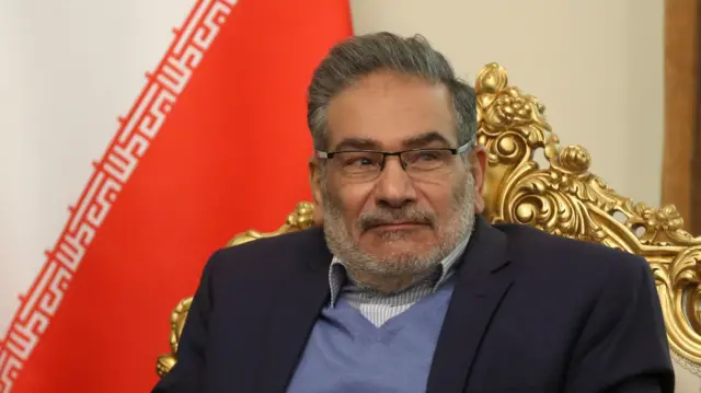 Tuğamiral Ali Şamkani, koyu mavi bir ceket, açık mavi V yakalı bir kazak, açık mavi ve beyaz çizgili açık yakalı bir gömlek ve gözlük takarak, 6 Aralık 2021'de Tahran'da Birleşik Arap Emirlikleri Ulusal Güvenlik Danışmanı Tahnoun bin Zayed Al Nahyan ile yaptığı görüşmede, İran bayrağının önünde süslü altın renkli bir sandalyede oturuyor.