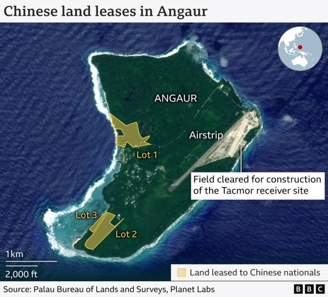 Chinese businesses have leased land close to US military sites, raising concern in Washington on the purpose of these land leases. This map shows the land leased to Chinese national in the island of Angaur.