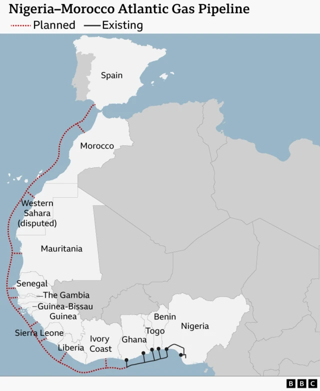 A map showing di 14 kontris to be served by di Nigeria-Morocco pipeline.