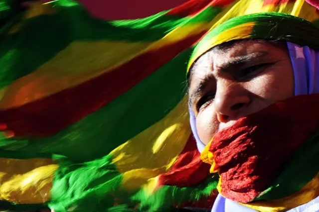 21 Mart 2009 tarihinde Diyarbakır'da düzenlenen Nevruz kutlamalarından bir kare. Bir kadın yanında sarı, kırmızı, yeşil bayraklarla görülüyor.