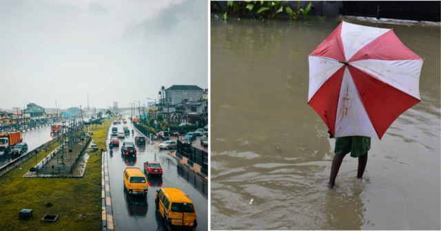 Foto of lagos road as rain dey fall and one pesin wey dey waka inside flood