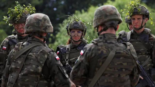 Pięć osób w khaki, w mundurach maskujących, stoi na polu z karabinami w rękach. Na hełmach mają przymocowane liście dla lepszego kamuflażu. Mundury zdobią polskie flagi.