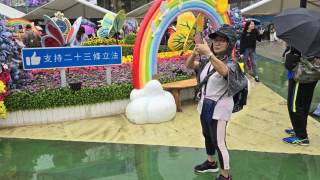 香港花卉展览上一位女士站在特区政府惩教署园景一面“支持23条立法”标语牌旁拍照（BBC中文图片18/3/2024）