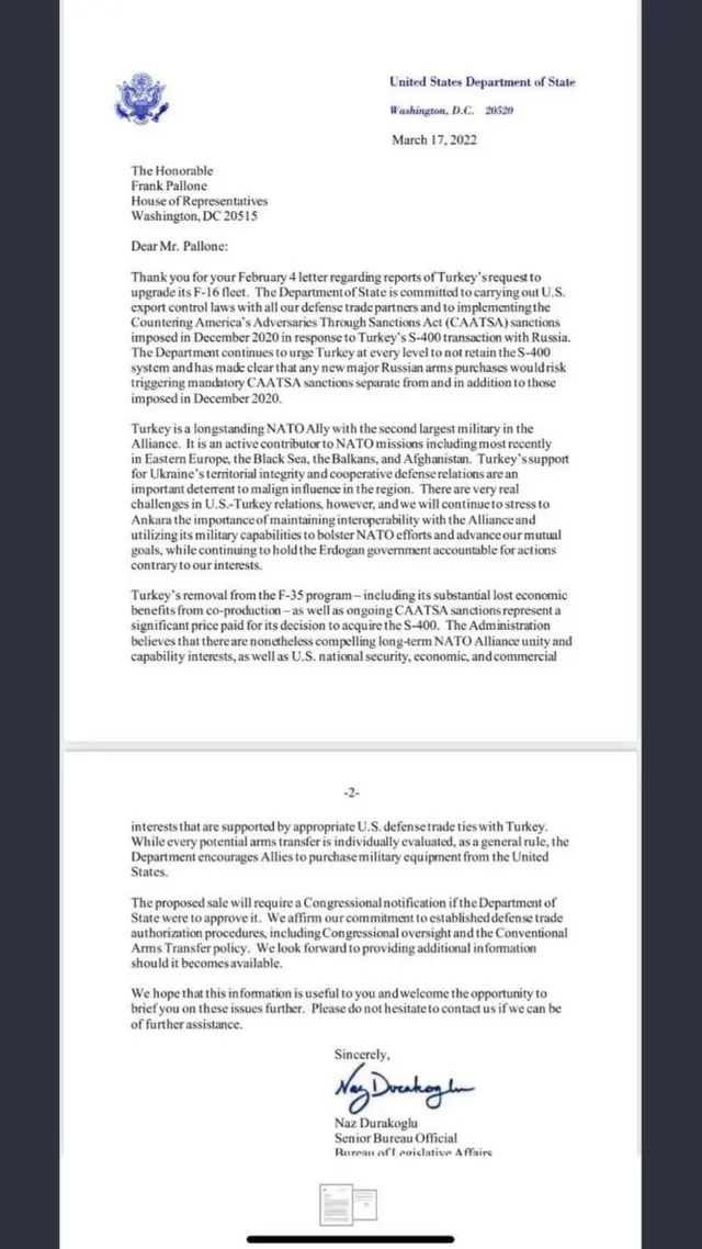 ABD Dışişleri Bakanlığı'nın Kongre'ye gönderdiği F-16 mektubu