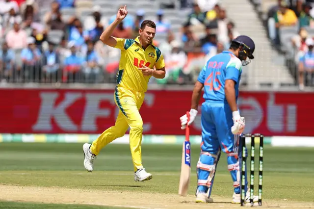 Josh Hazlewood celebrating the wicket of Rohit Sharma