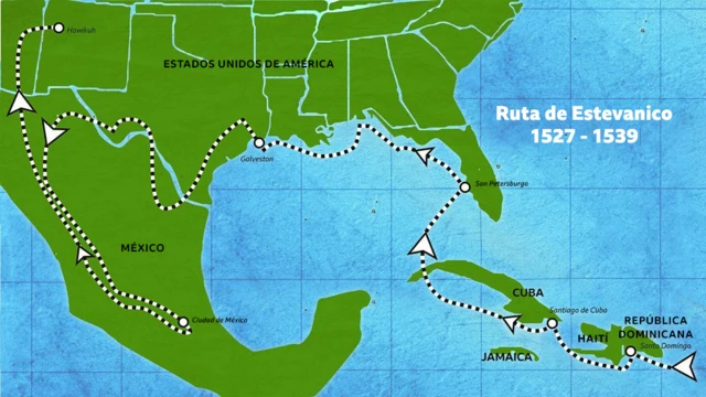 Mapa de la ruta de Estevanico (1527–1539) por el Caribe, Florida, la costa del Golfo de México y el norte de México, señalada con una línea punteada y flechas.