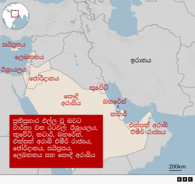 A BBC regional map highlighting Iran in white with its name in black. Countries that have come under fire from Iran are labelled in red - Israel, Kuwait, Qatar, Bahrain, UAE, Jordan, Cyprus, Lebanon, Saudi Arabia. Surrounding countries are grey. Please put your translation of all words in here for people who are sight impaired.