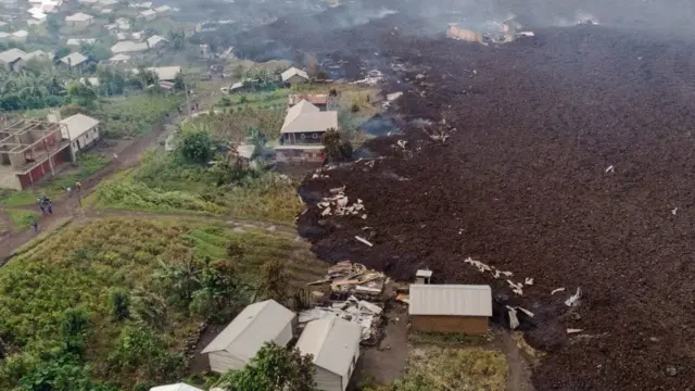 An aerial photograph taken on Sunday shows how the lava flowed over villages near Goma