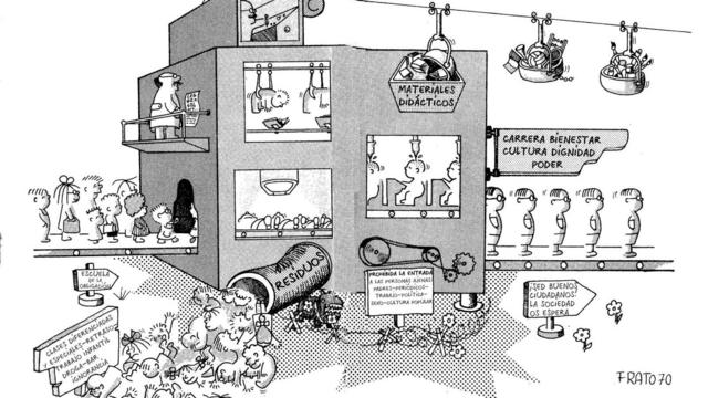 Ilustração mostra prédiopixbet futebol comescola como se fosse uma fábrica, com crianças entrando e saindopixbet futebol comlinhapixbet futebol commontagem