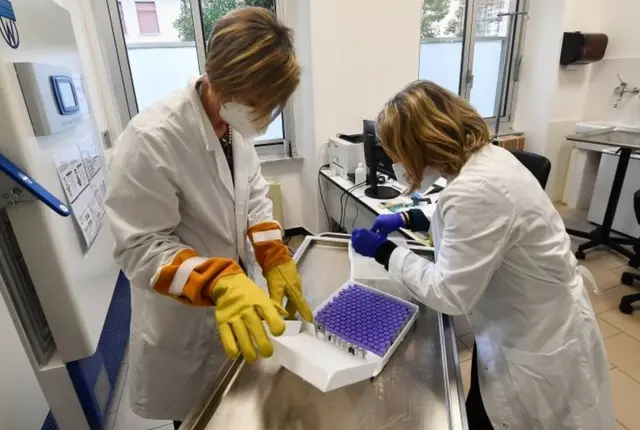 İtalya'da bir hastanede incelenen koronavirüs aşıları