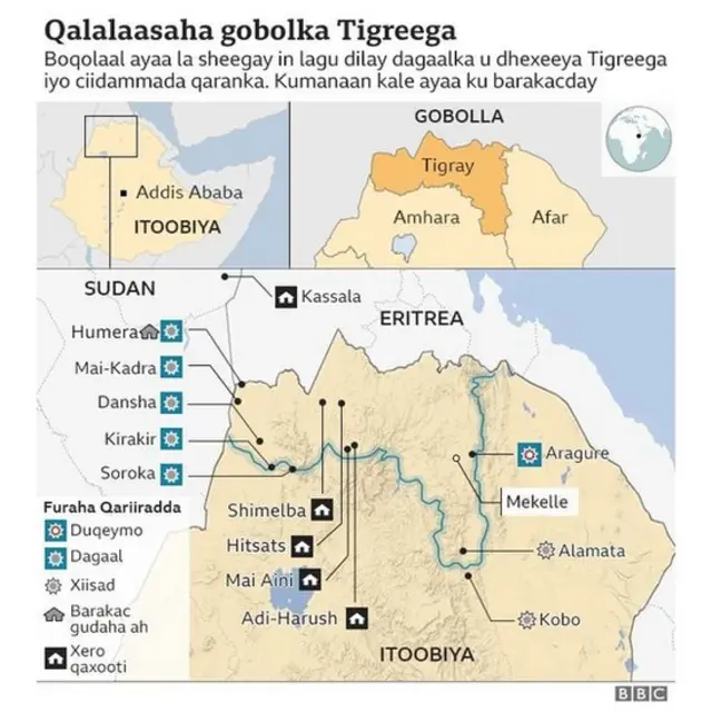 Qariirad muujinayo goobaha ay dagaallada Itoobiy ka dhaceen