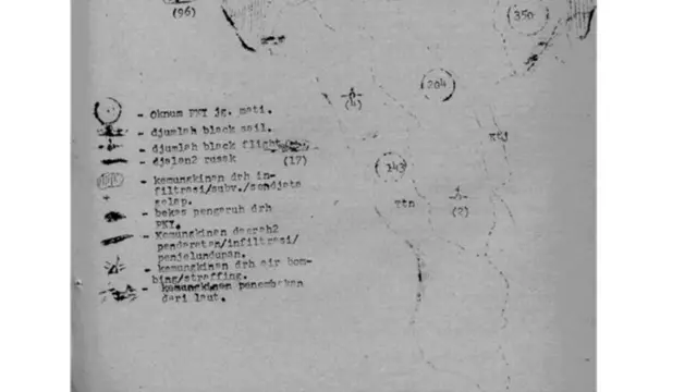 Peta Kematian: 'Lampiran: Peta Intelijen'. Angka dalam lingkaran menunjukkan 'pendukung PKI yang tewas'.