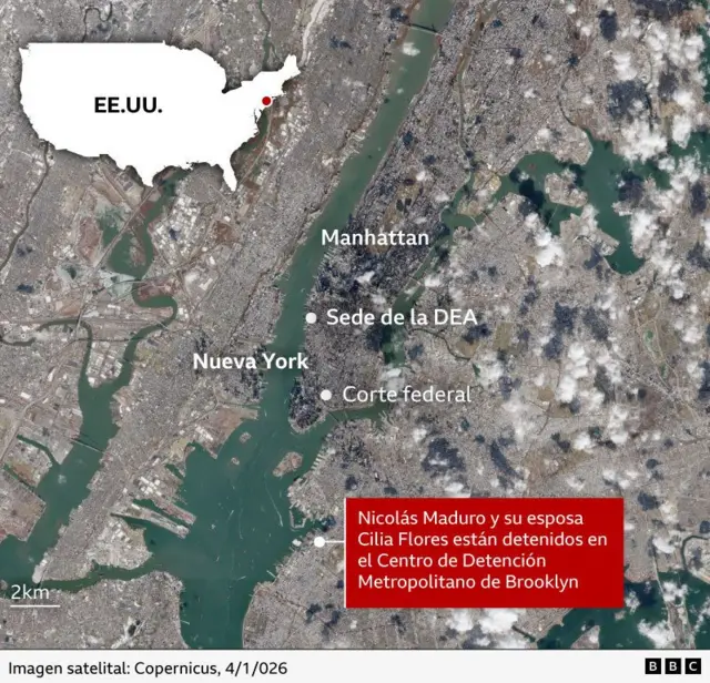 Mapa que muestra la cárcel donde están Maduro y su esposa, así como la sede de la DEA y de la corte en Nueva York.