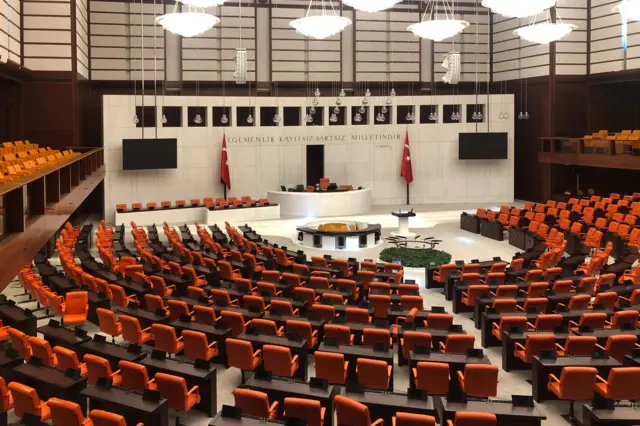 TBMM Genel Kuruldaki boş sıralar ve kırmızı vekil koltuklarını gösteren tepeden bir Meclis görünümü.