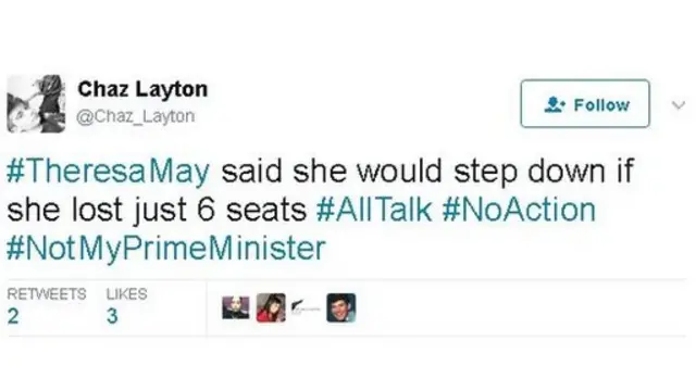 ترجمة التغريدة " تيريزا ماي قالت إنها ستستقيل في حال خسرت 6 مقاعد في الانتخابات #مجرد كلام #رئيسة الوزاراء لاتمثلني"