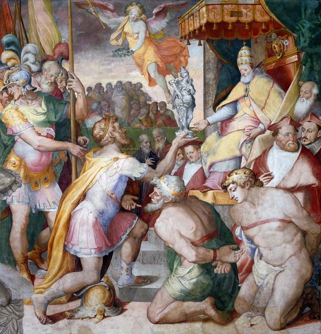 El emperador alemán Otto I entregándole un regalo al papa Juan XII.